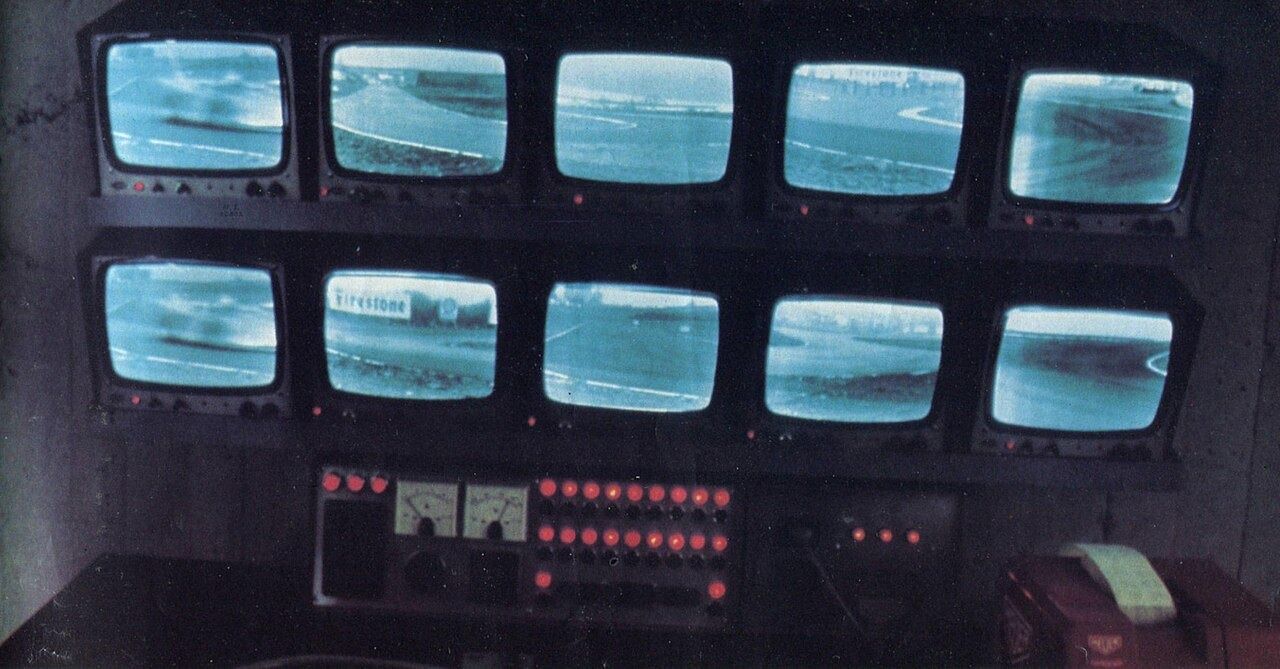 Bank of TV monitors in a control room