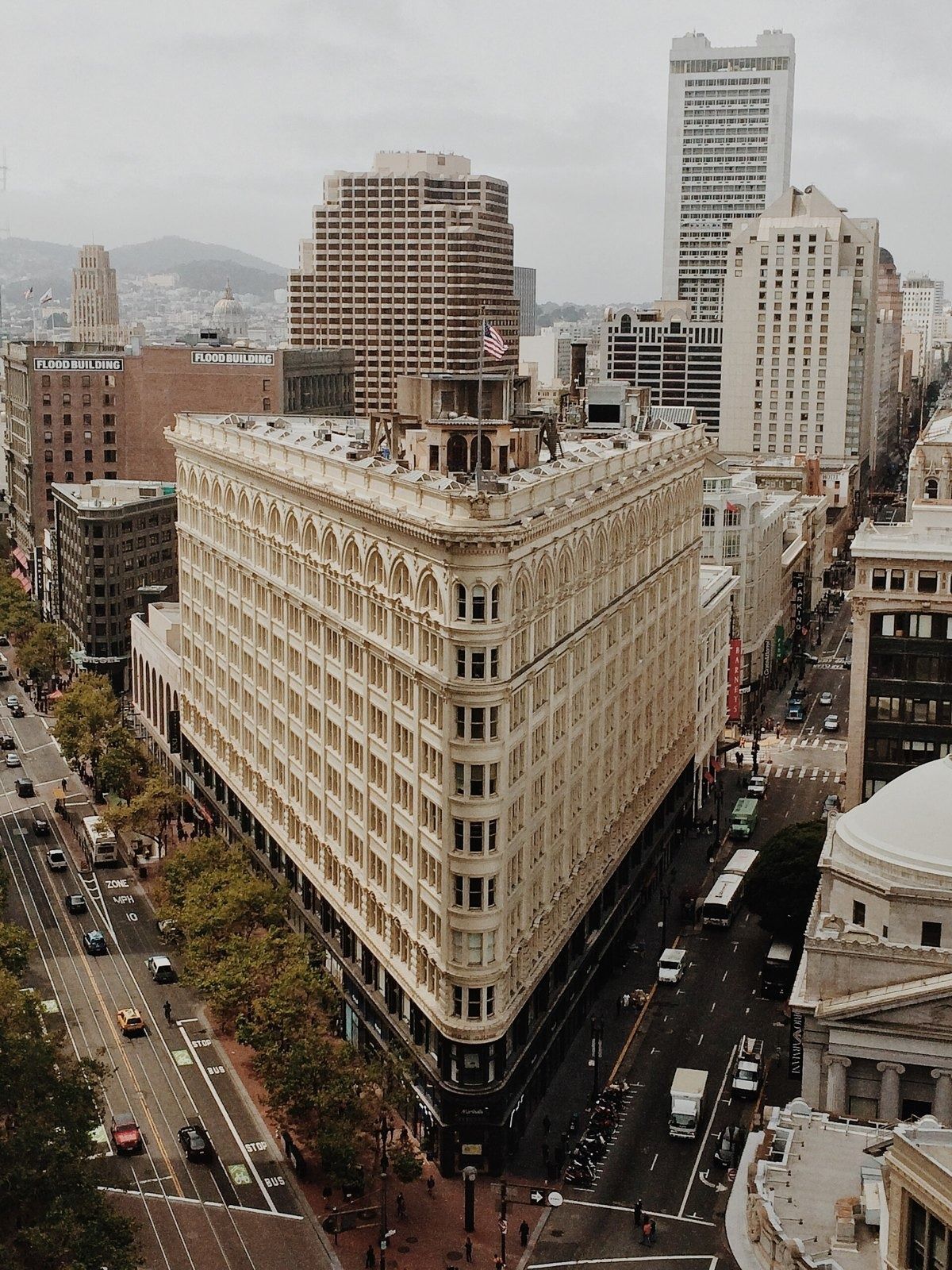 Figma: Elevated view of the cream Phelan Building and Market Street from a nearby tower
