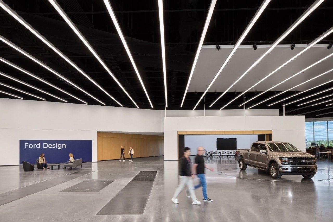 Ford Motor Company: Design studio with a pickup truck under linear lights