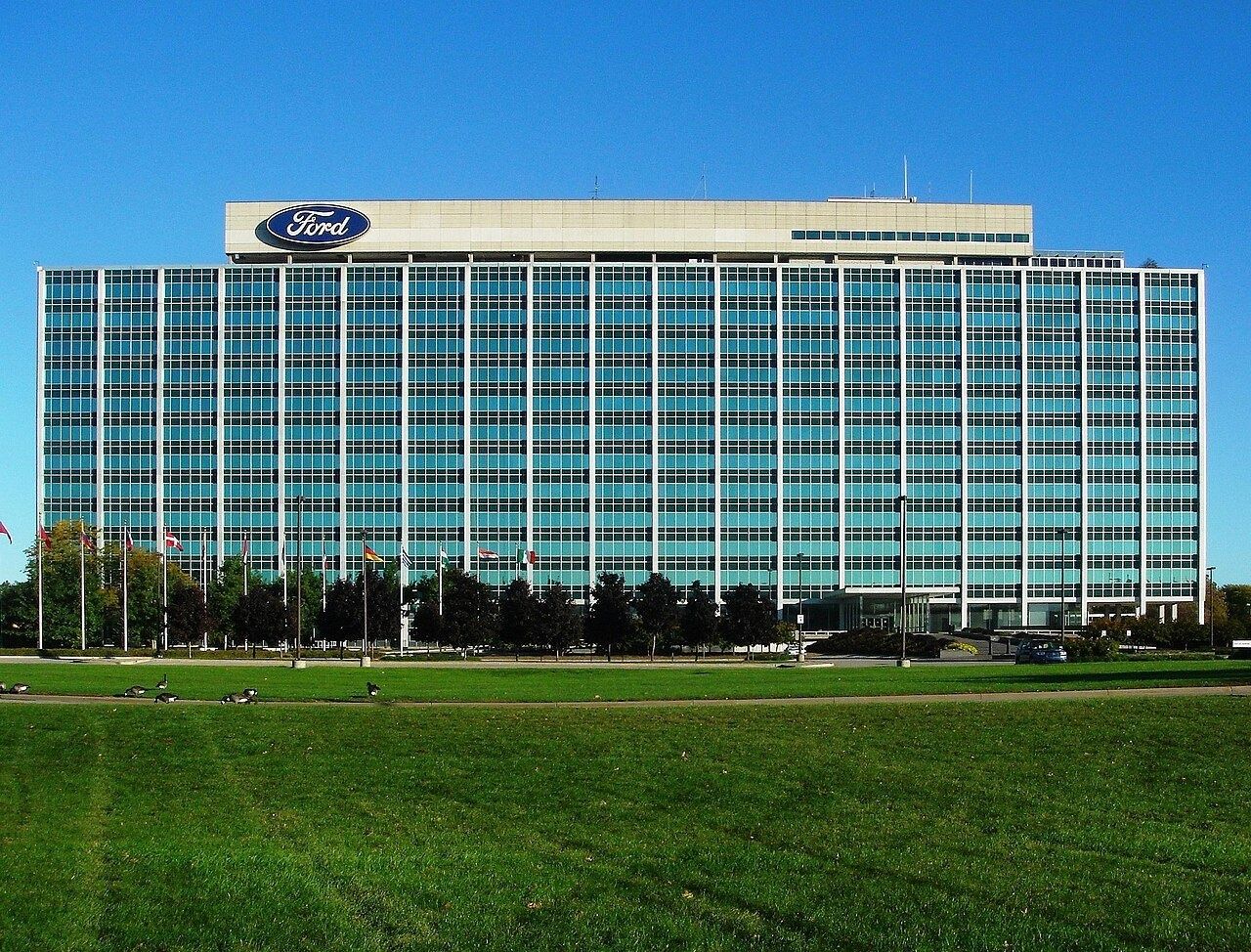 Long glass office block with the Ford oval on top
