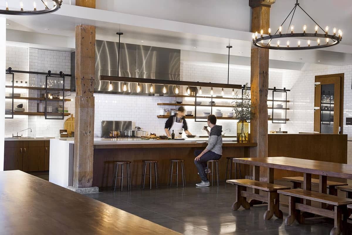 GitHub: Café counter with a wrought-iron chandelier and timber posts