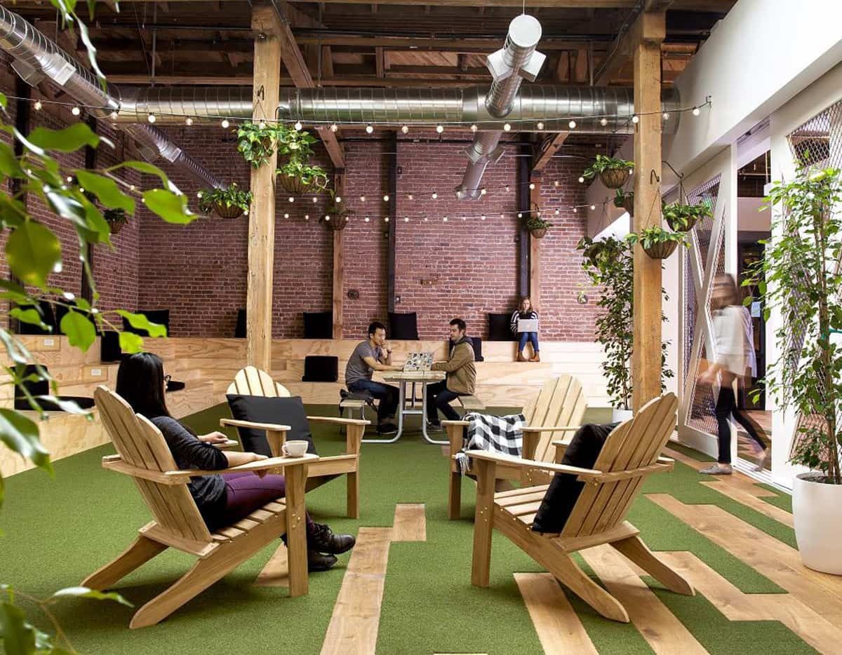 GitHub: Indoor park with artificial grass and wooden lounge chairs
