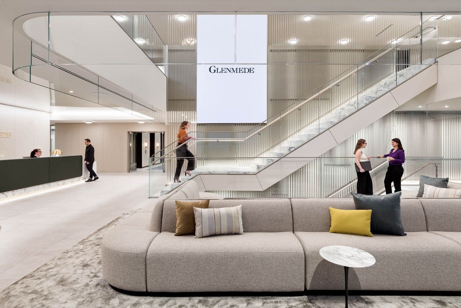 Glenmede: A two-storey lobby with a sweeping glass stair