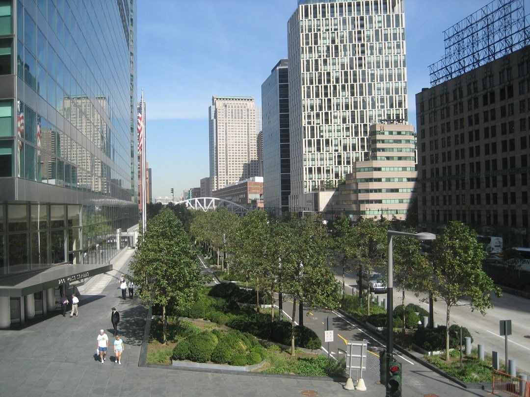 Goldman Sachs: A tree-lined park next to the tower