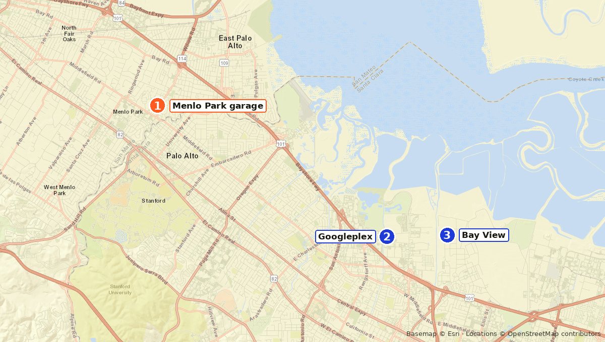 Map of the Menlo Park garage, the Googleplex and Bay View