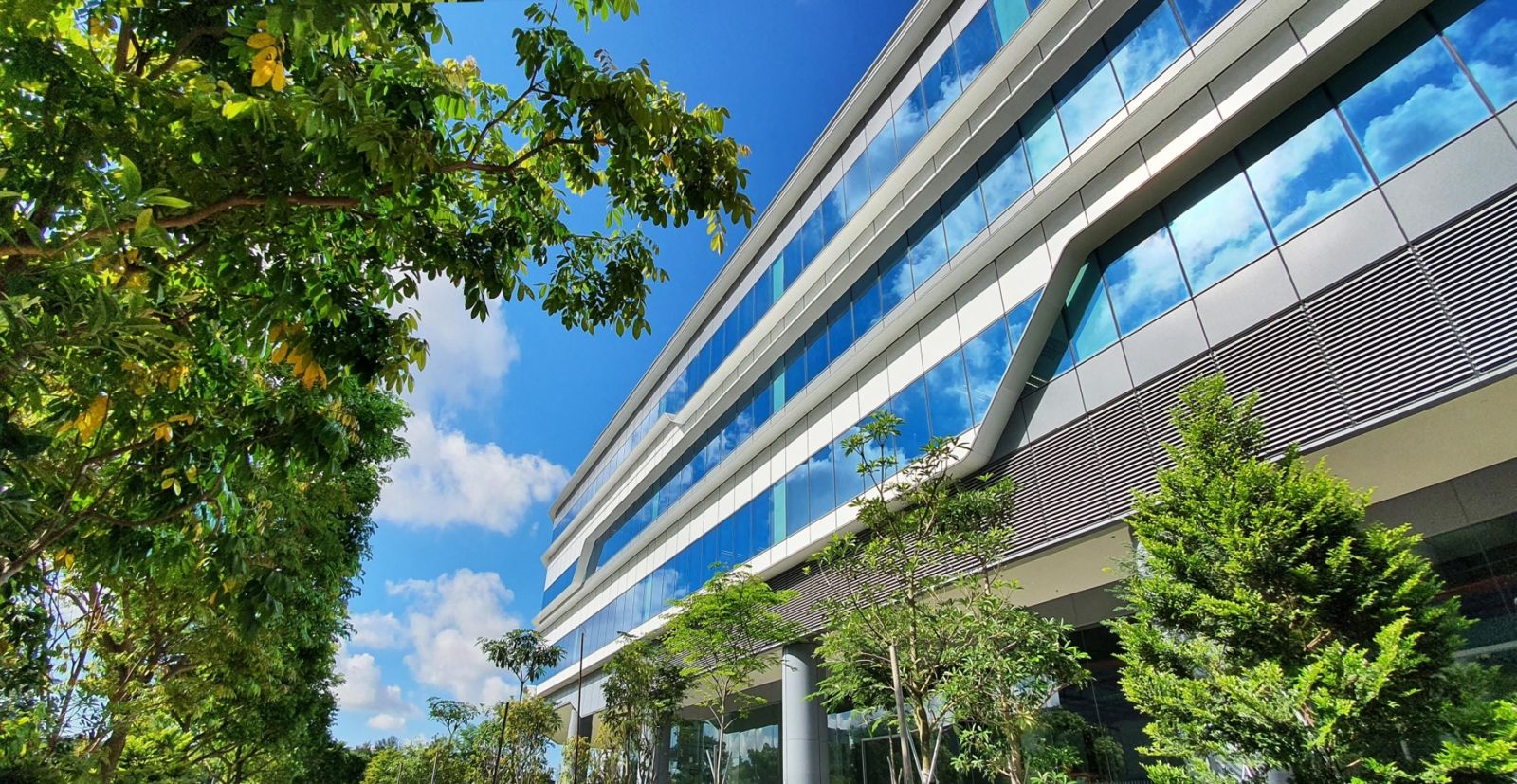 Grab: Curved glass facade above trees