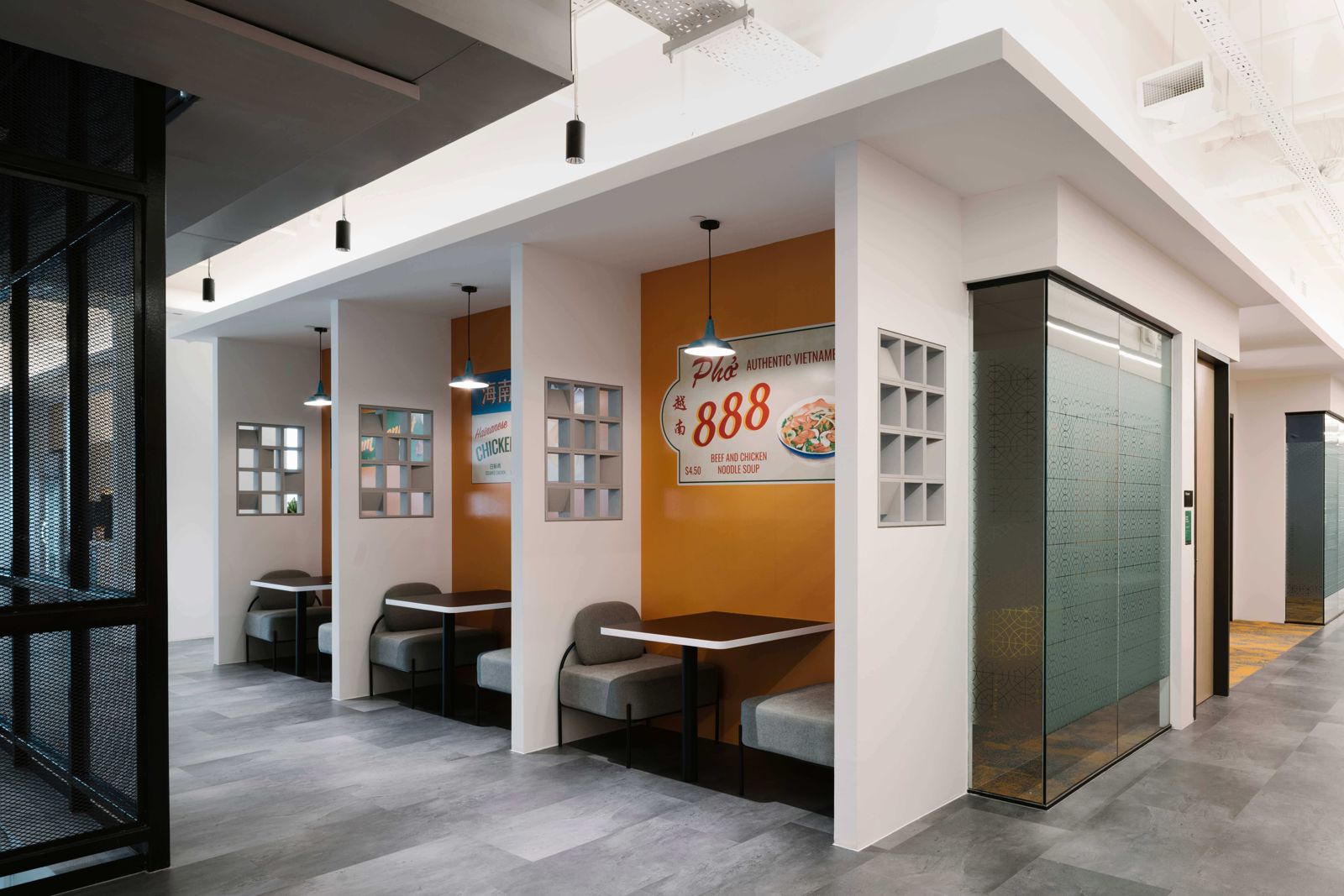 Grab: Row of dining booths with retro food signboards