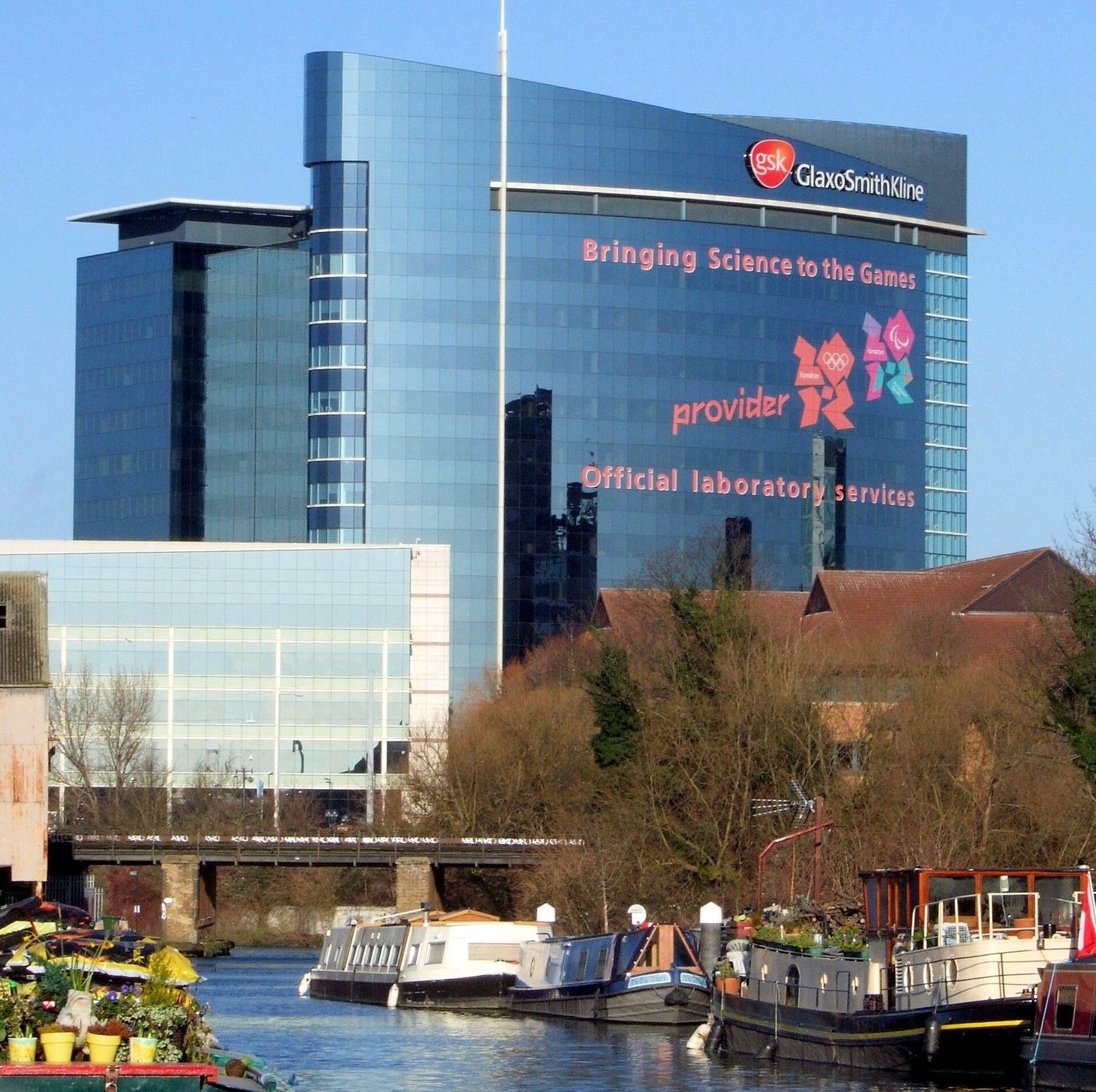GSK: Glass tower above canal boats