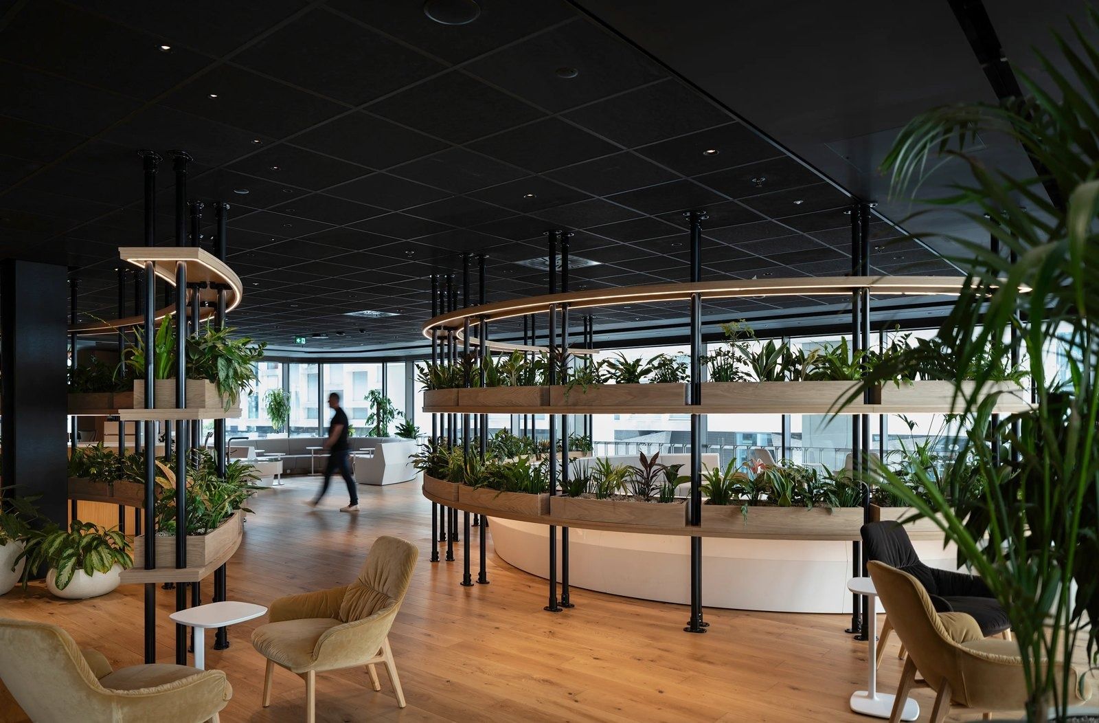 GSK: Open workspace with planted shelves and lounge chairs