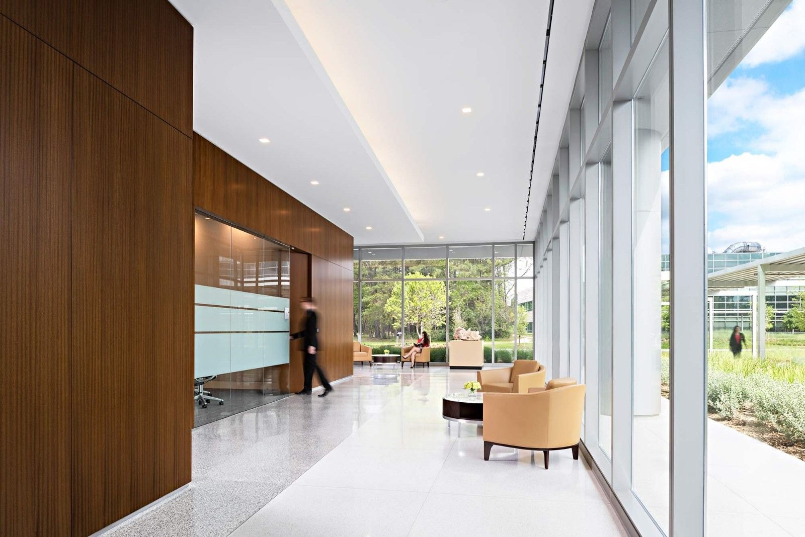 Halliburton: A bright lobby with wood walls