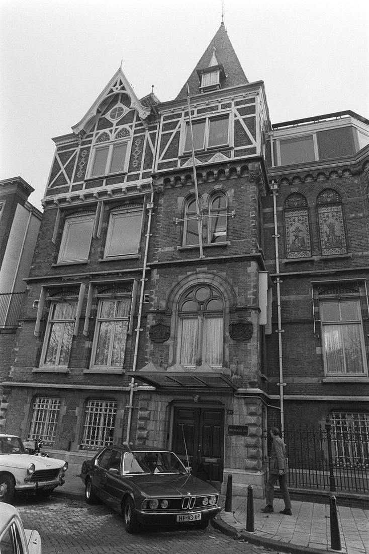 Black-and-white photo of the ornate brick head office building