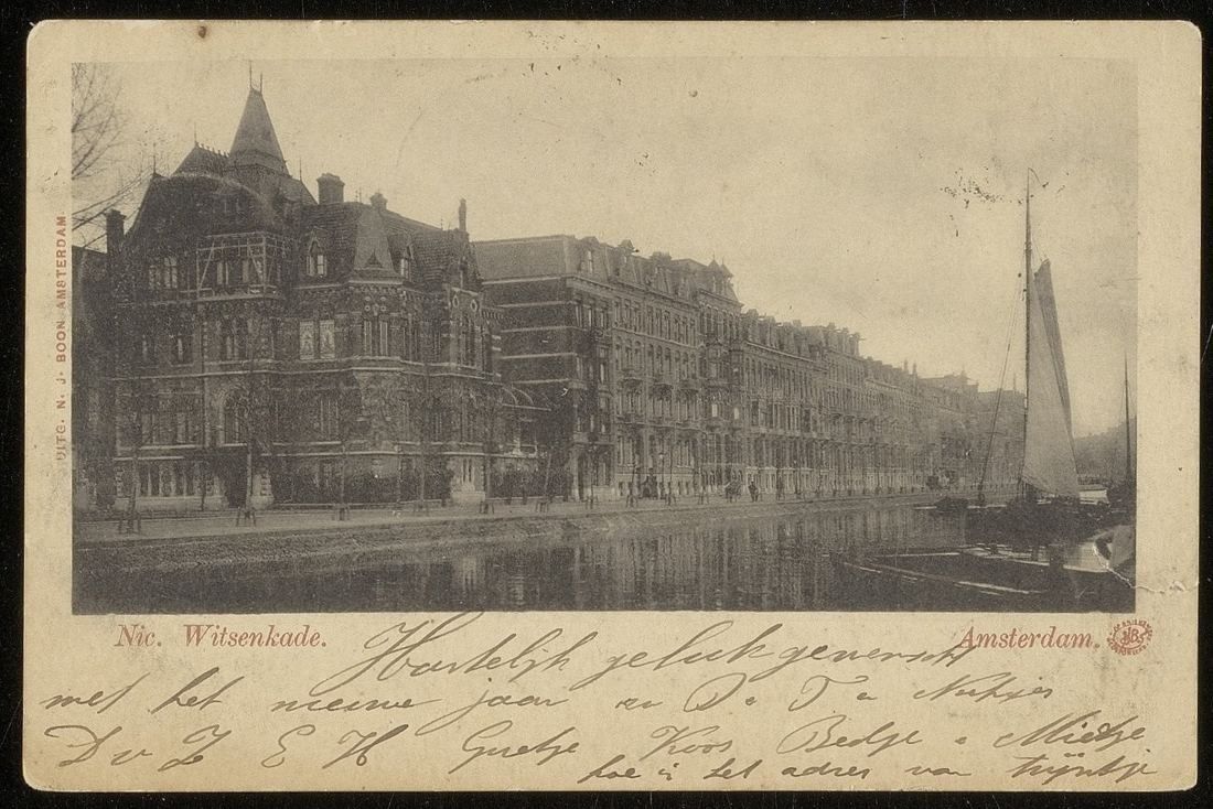 Old postcard of buildings along the canal at Nicolaas Witsenkade
