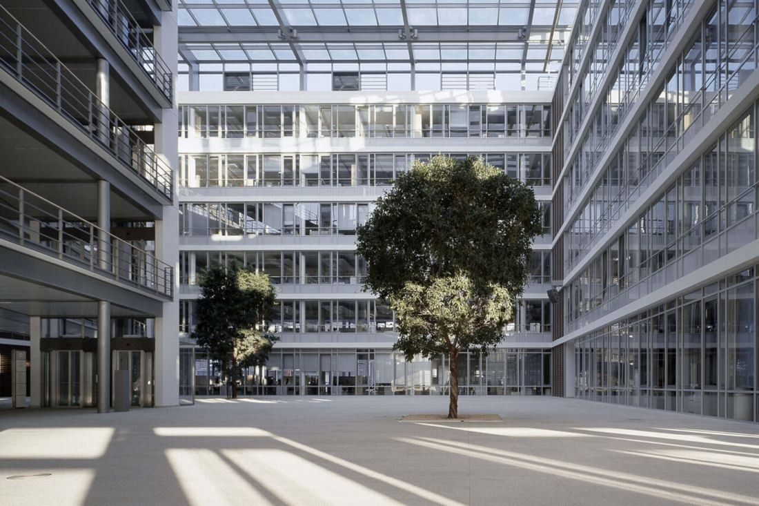 Henkel: Glass-roofed courtyard with a single tree, surrounded by glazed office floors