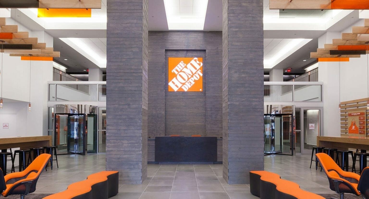 The Home Depot: Lobby with stone columns, the orange Home Depot logo and orange seating