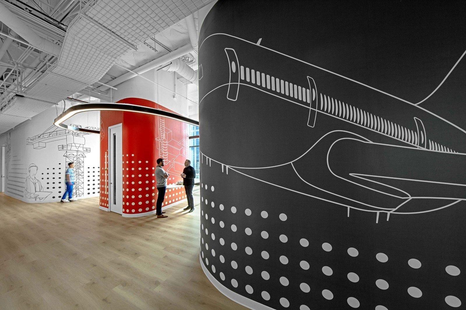 Honeywell: Corridor with an aircraft drawing on the wall