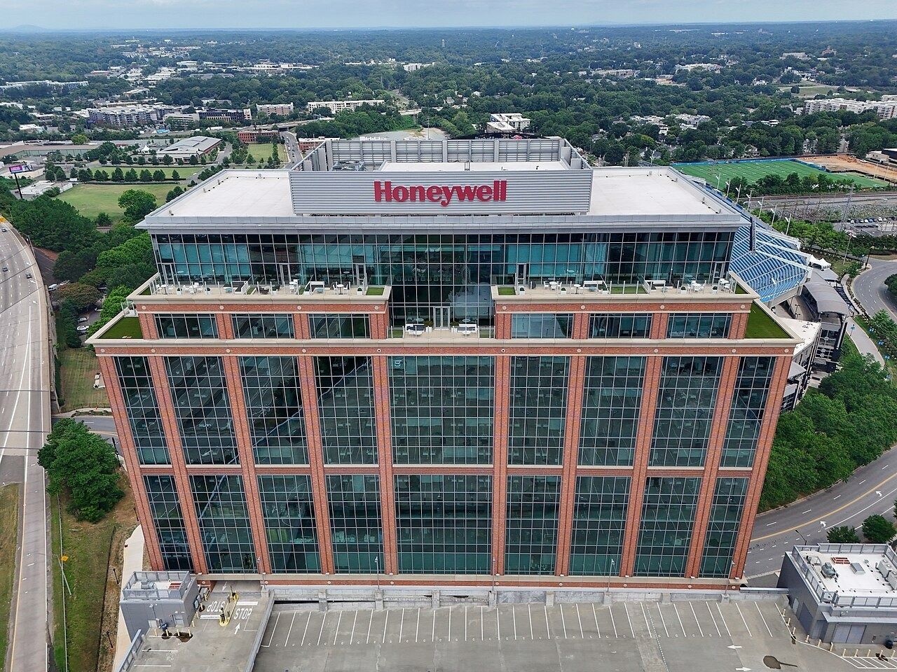 Honeywell: Office tower with the Honeywell sign, from above