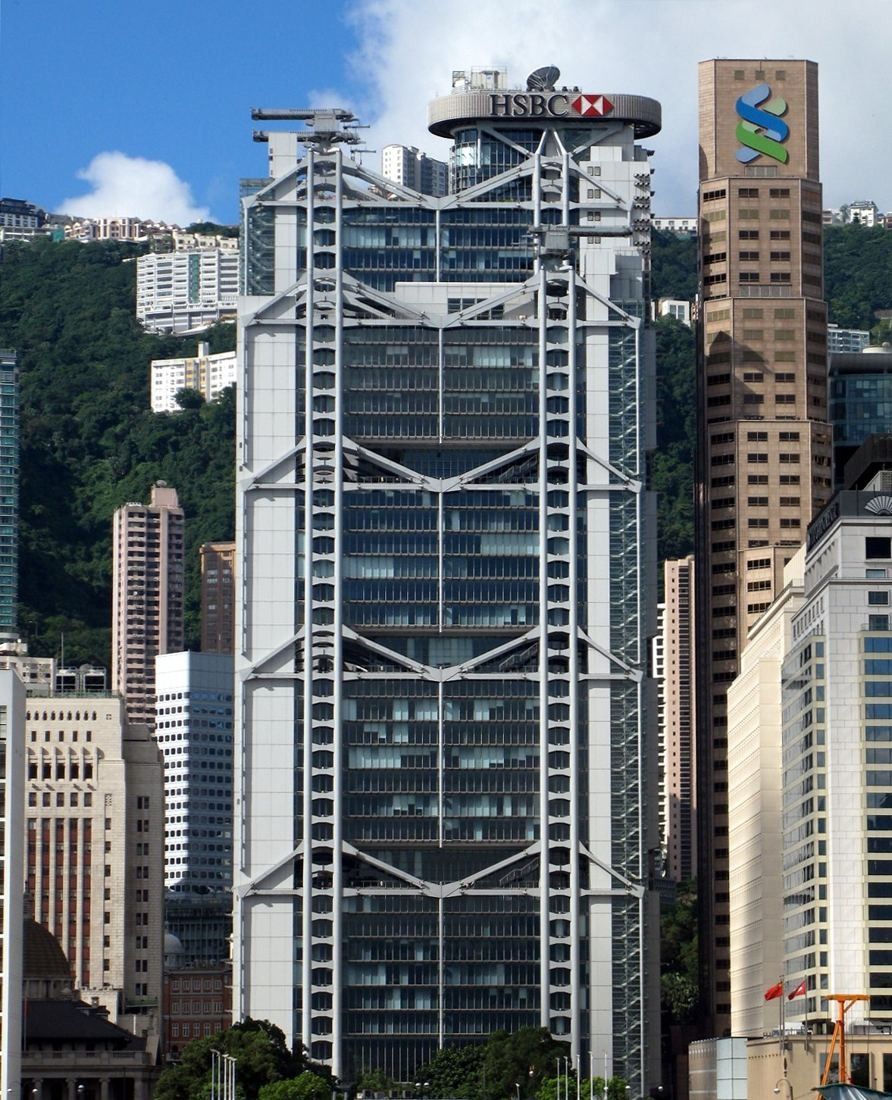 Steel-framed HSBC Main Building facade in Central