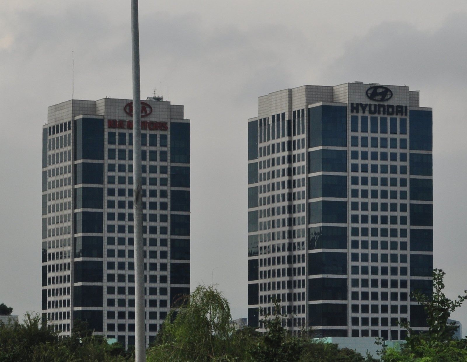 Twin office towers with the Hyundai logo