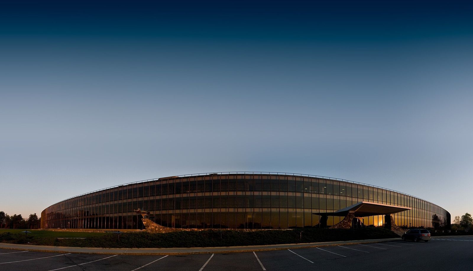 IBM: The curved research center at dusk