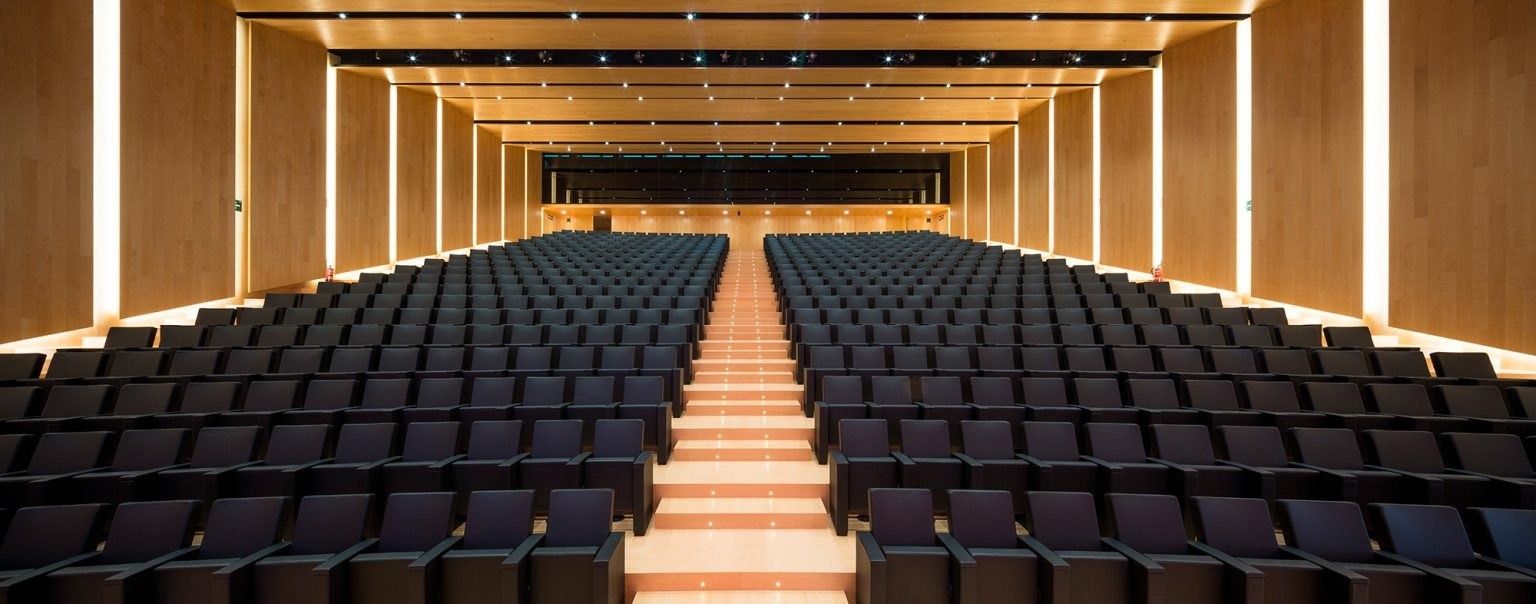 Inditex: Auditorium with timber-slatted walls and rows of seats