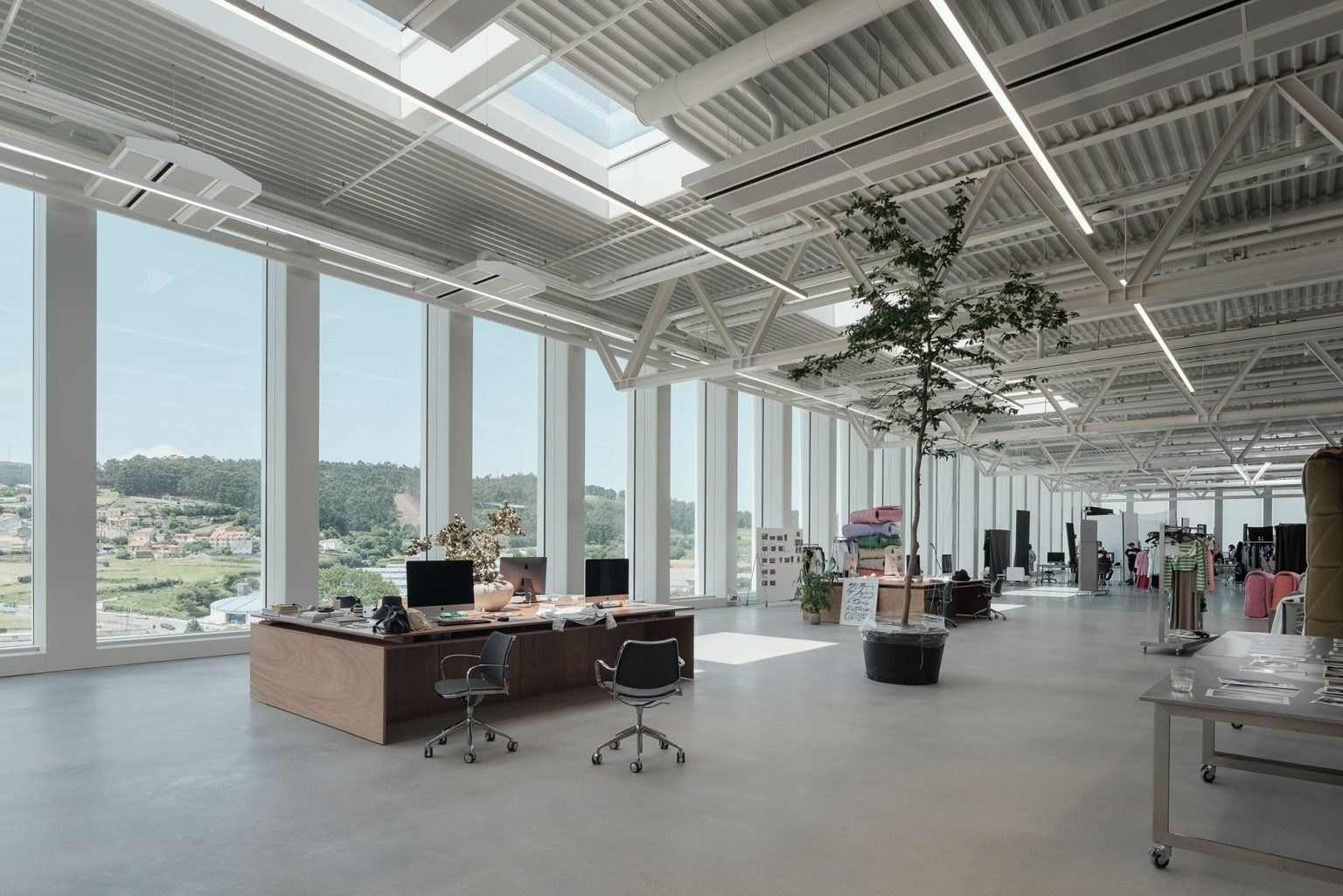 Inditex: Studio floor with desks, planters and tall windows