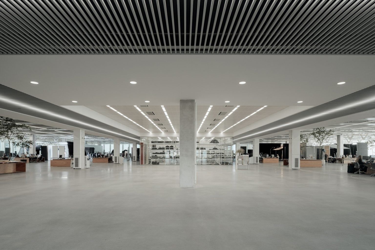 Inditex: Vast open studio floor under a slatted ceiling