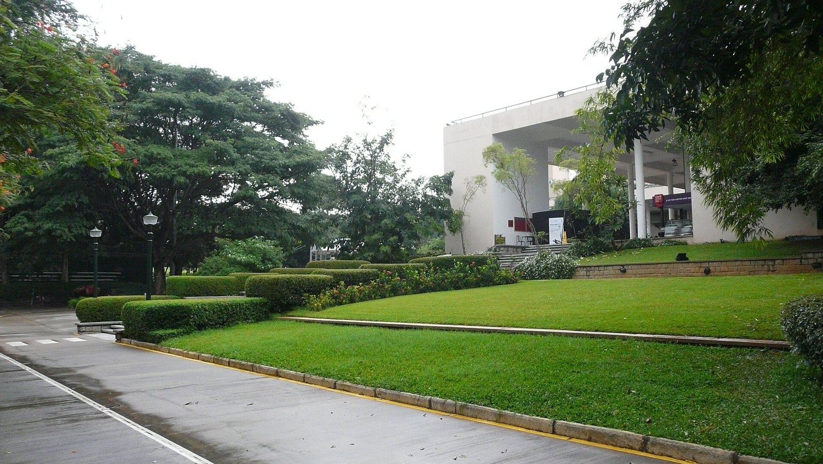 Infosys: Lawns and hedges beside a road with a white building behind