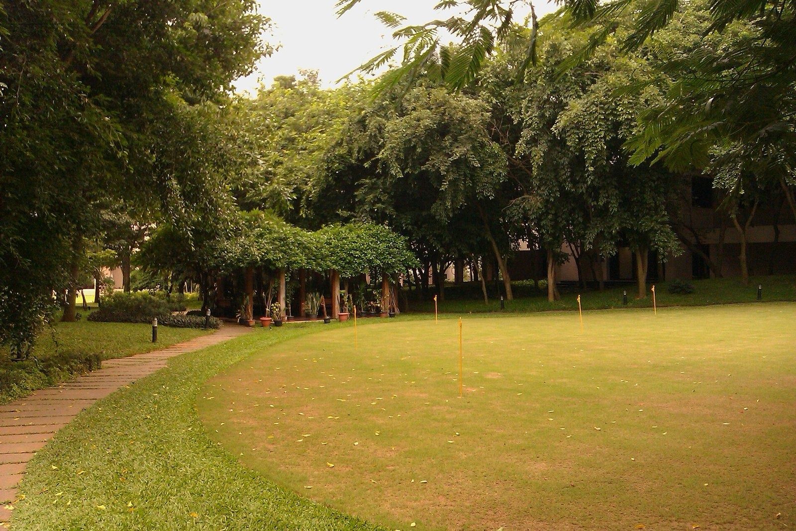 Infosys: Wide lawn edged by trees and a curving path