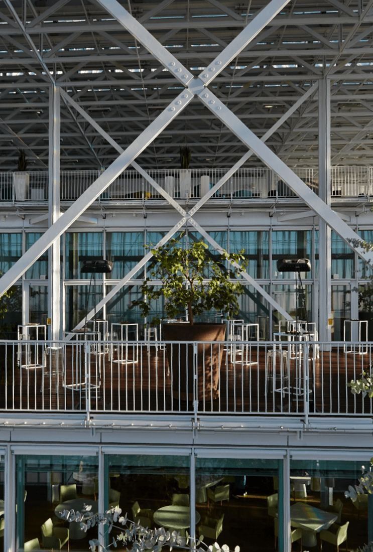 Intesa Sanpaolo: Steel cross-bracing above a level with tables and a large potted plant, a dining area below