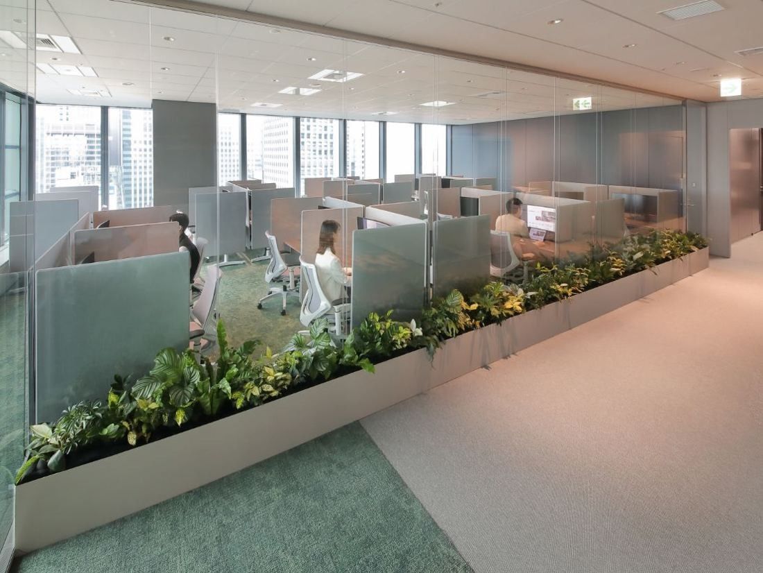 ITOKI: Row of partitioned focus desks behind a long planter