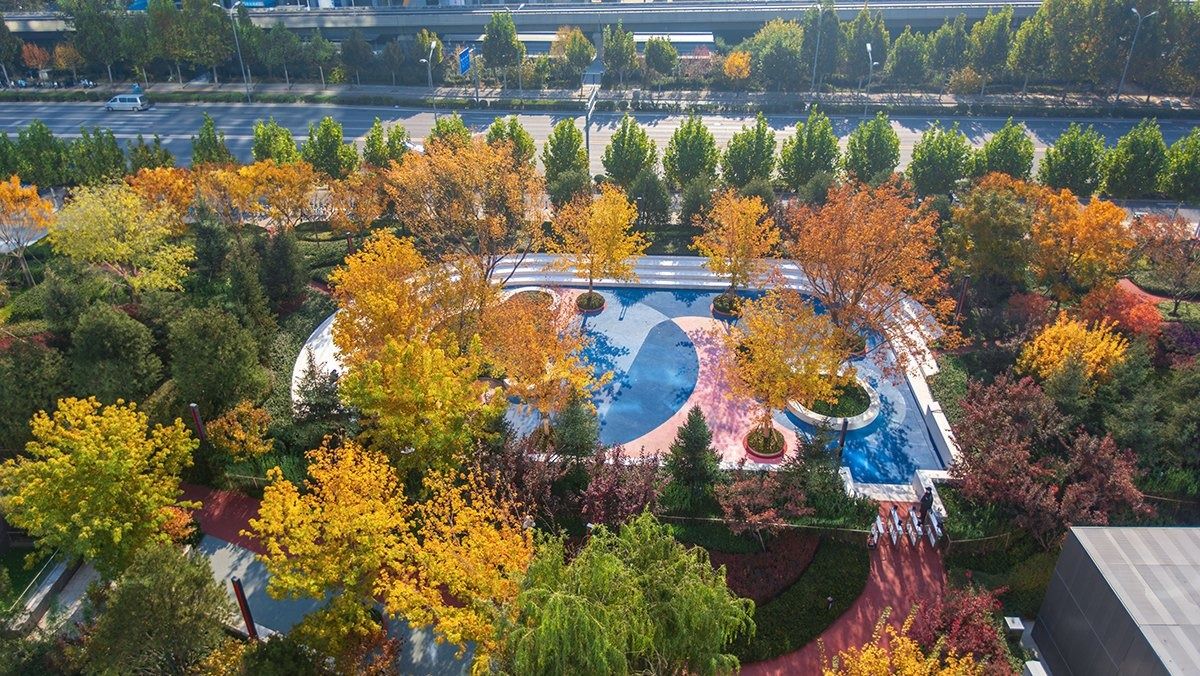 JD.com: Garden in autumn colours around a curving play and running area, seen from above