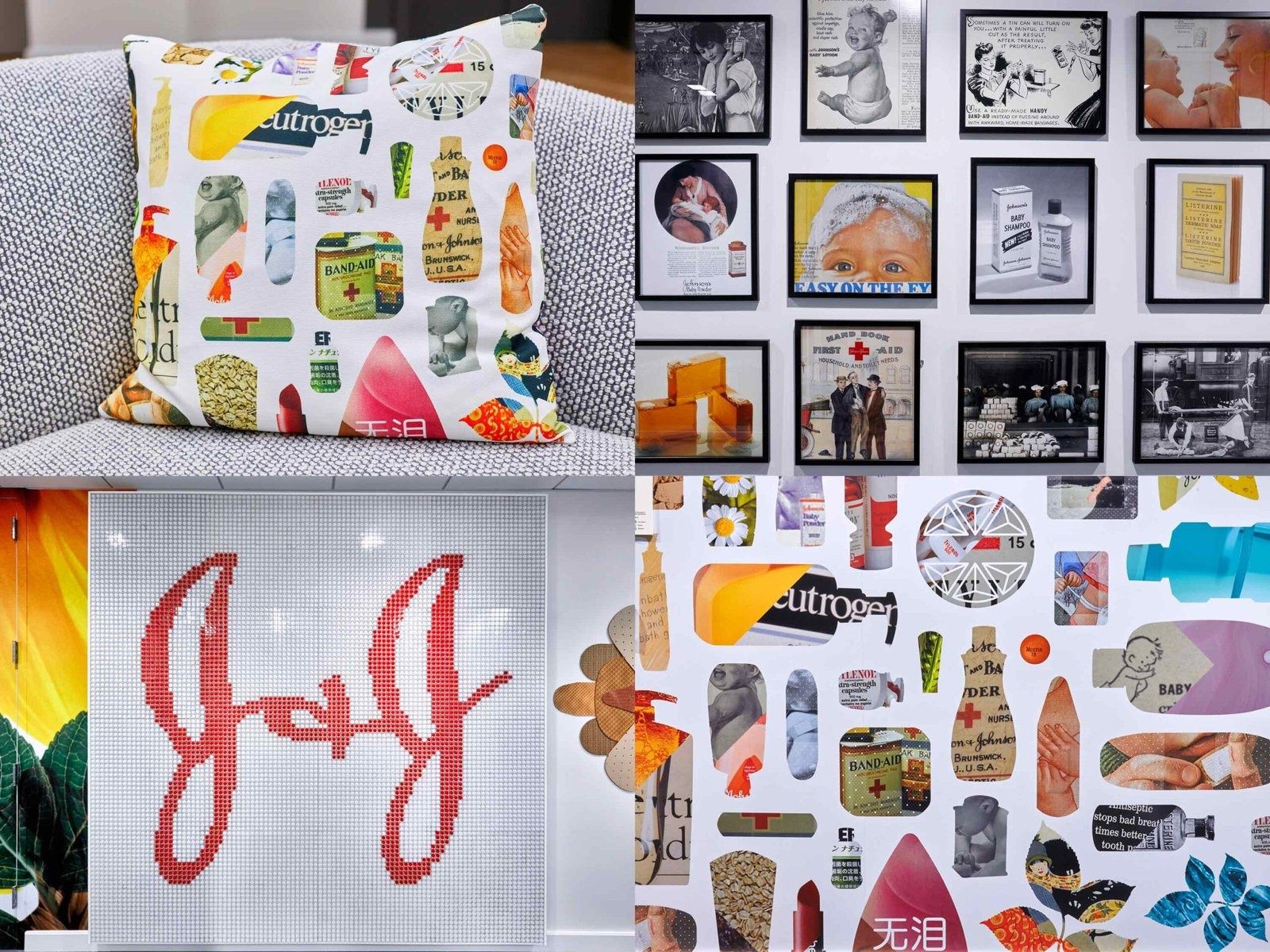 Johnson & Johnson: A wall of framed archive images beside a J&J pillow