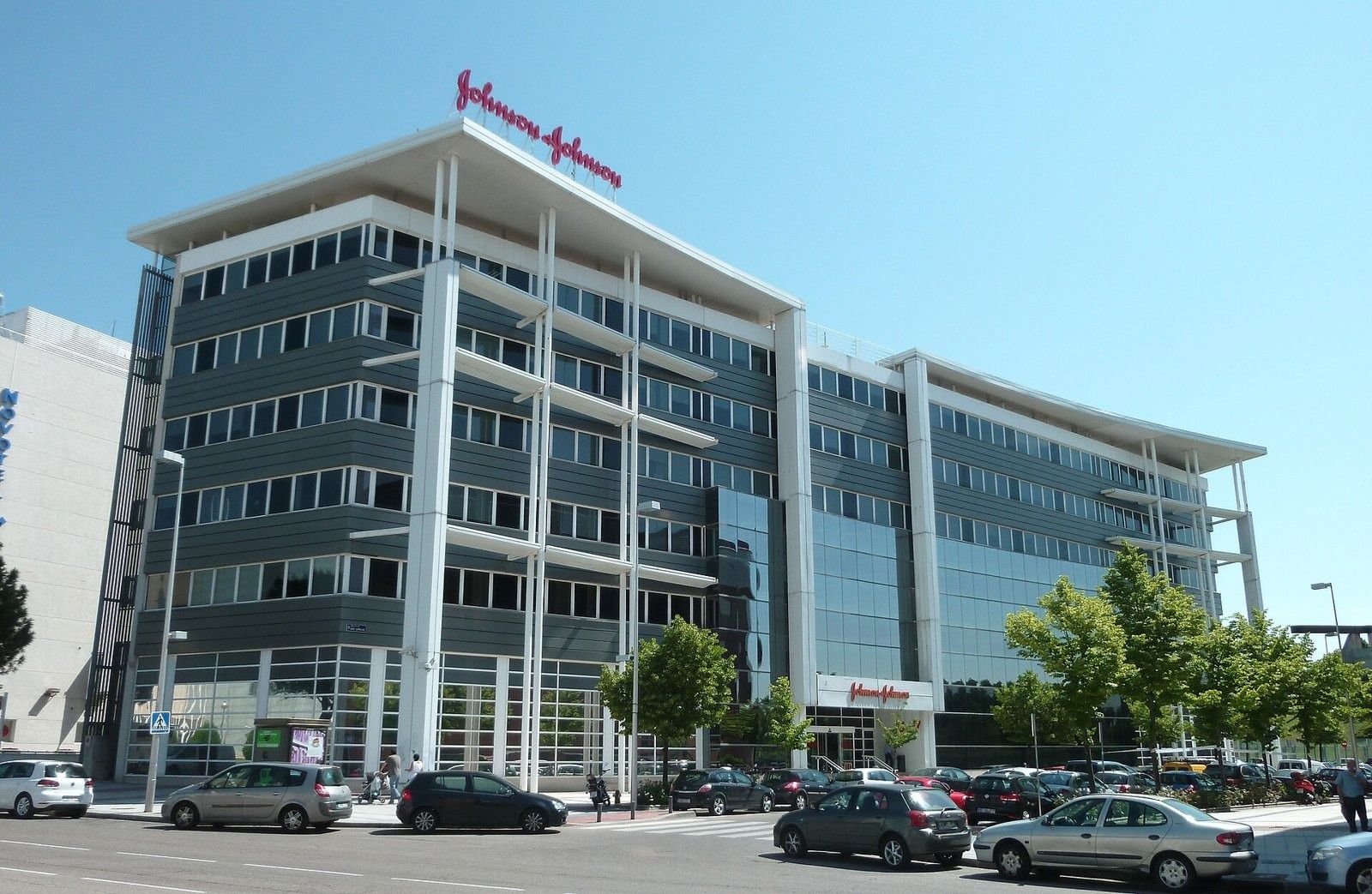 Johnson & Johnson: A white office block with the J&J script