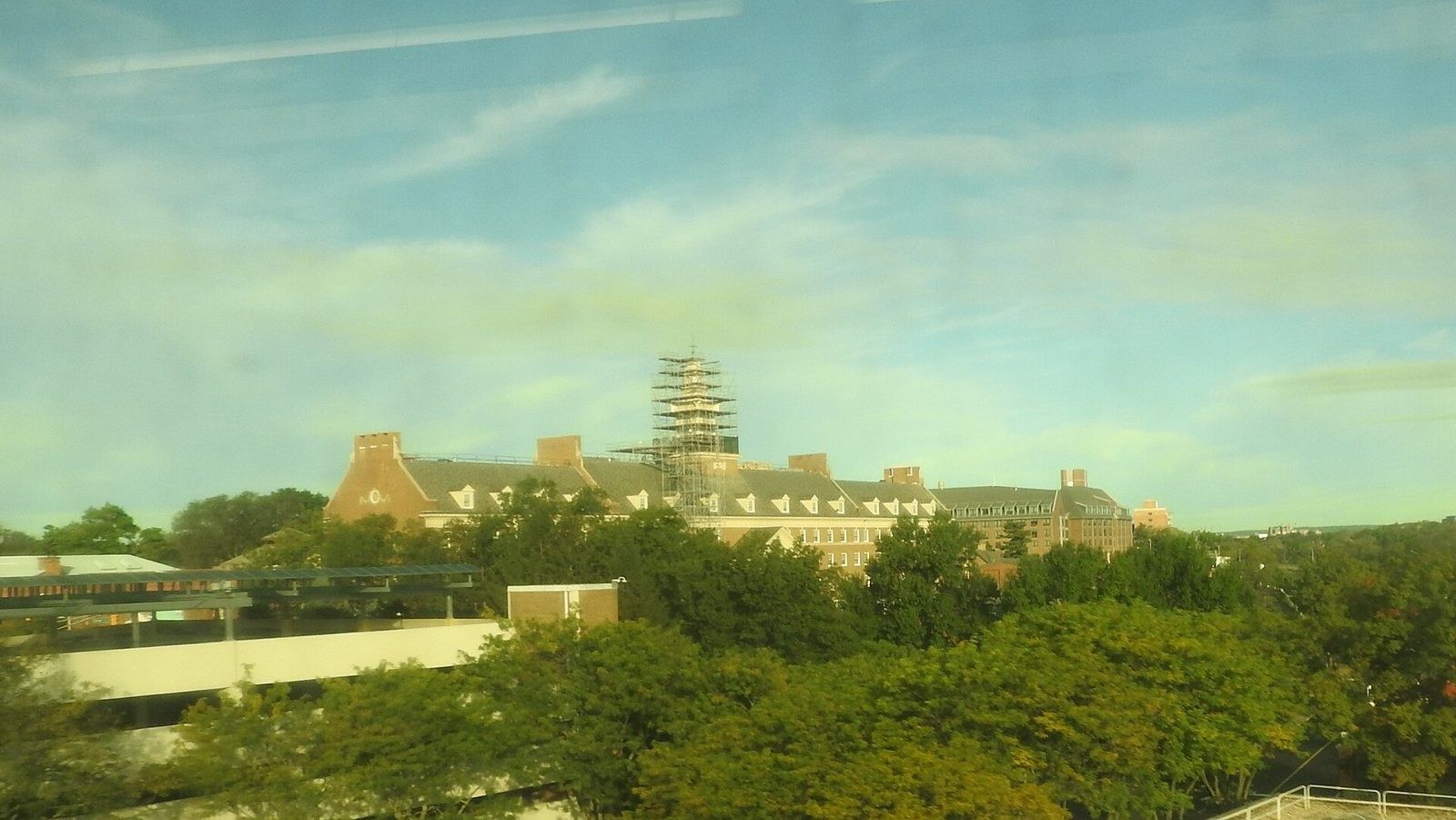 The headquarters seen from a train