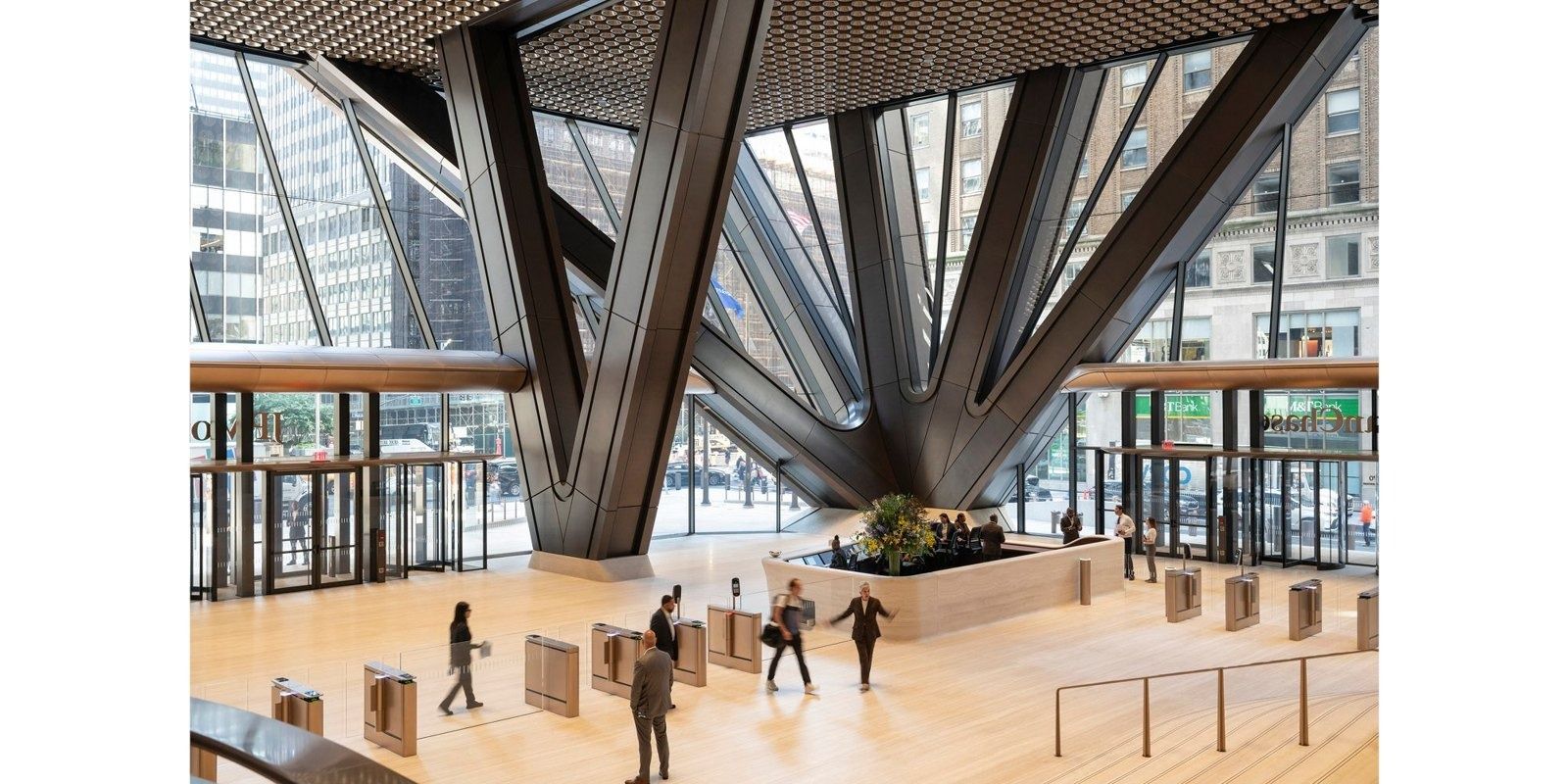 JPMorganChase: Entrance hall framed by steel fan columns