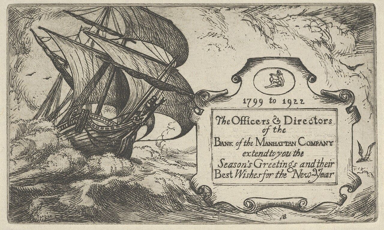 Engraved card of the Bank of the Manhattan Company, 1799 to 1922