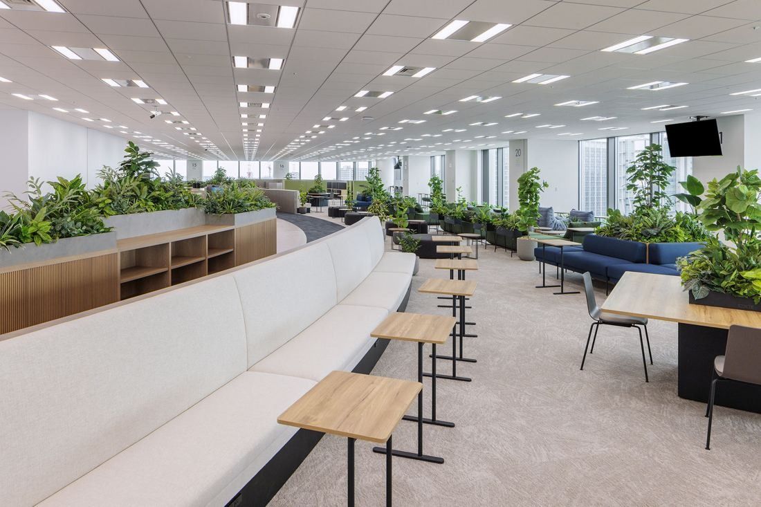 KDDI: An open office floor with a long white bench, wooden high tables and planters along the windows
