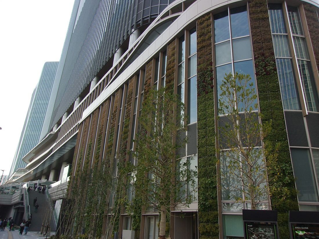 KDDI: The base of a glass tower with a planted green wall and young trees along the walkway