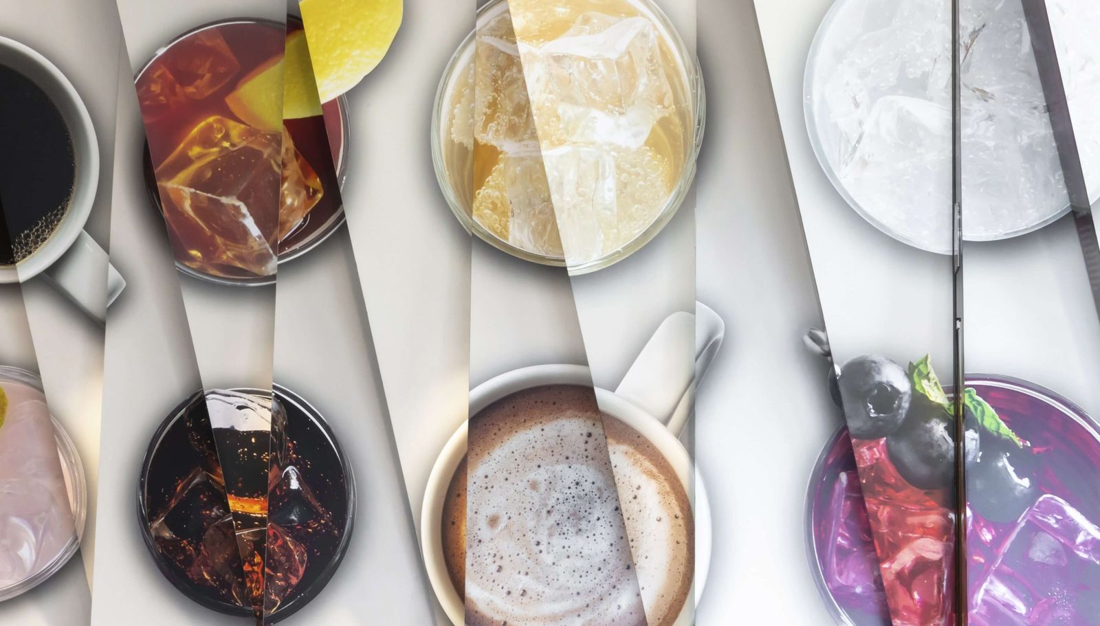 Keurig Dr Pepper: Overhead view of many cups of coffee, tea and soft drinks set into a wall