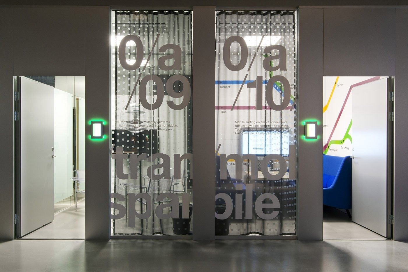 Klarna: Glass meeting-room doors with large printed room numbers