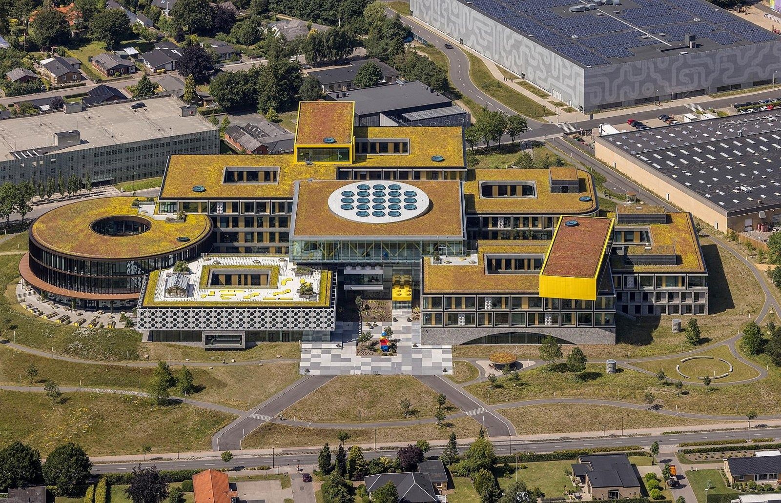 The LEGO Group: Aerial view of the campus with yellow roofs