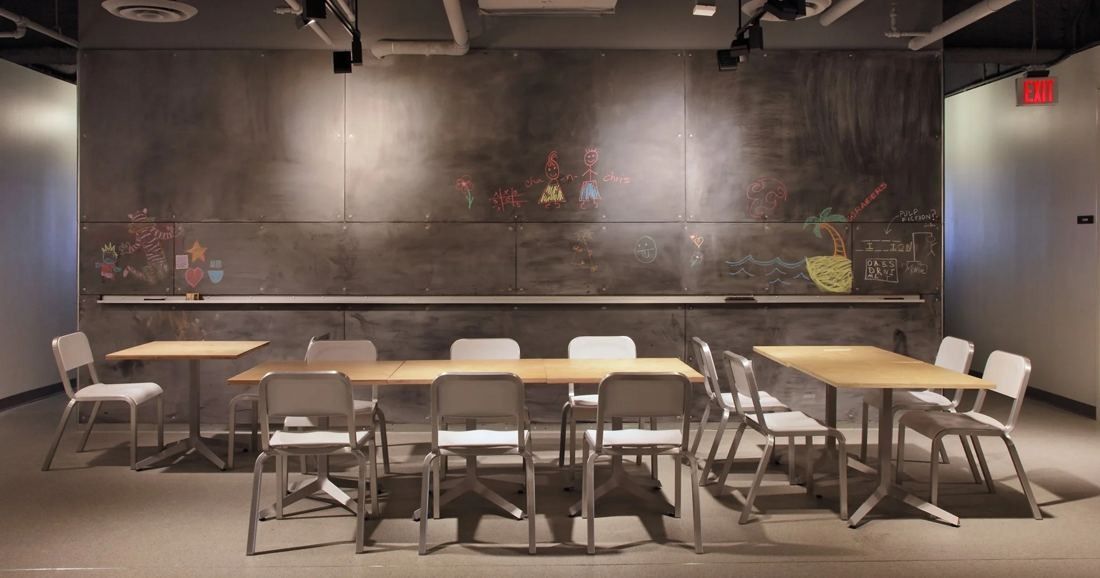 Levi Strauss & Co.: Room with long tables and white chairs in front of a large dark chalkboard wall