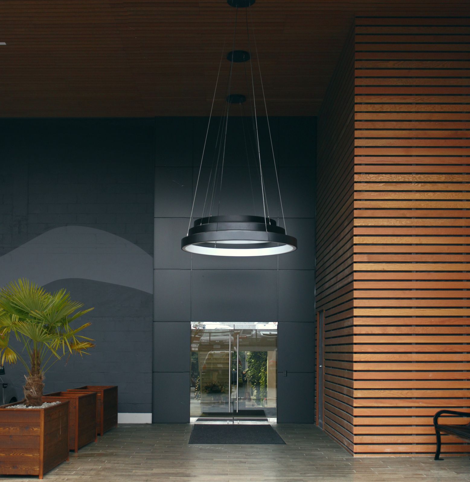lululemon athletica: Dark lobby with a ring-shaped pendant light and timber-clad wall
