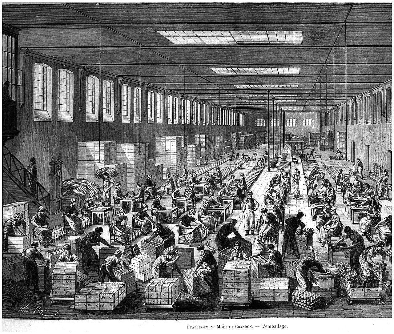 Old engraving of workers packing bottles in a large hall