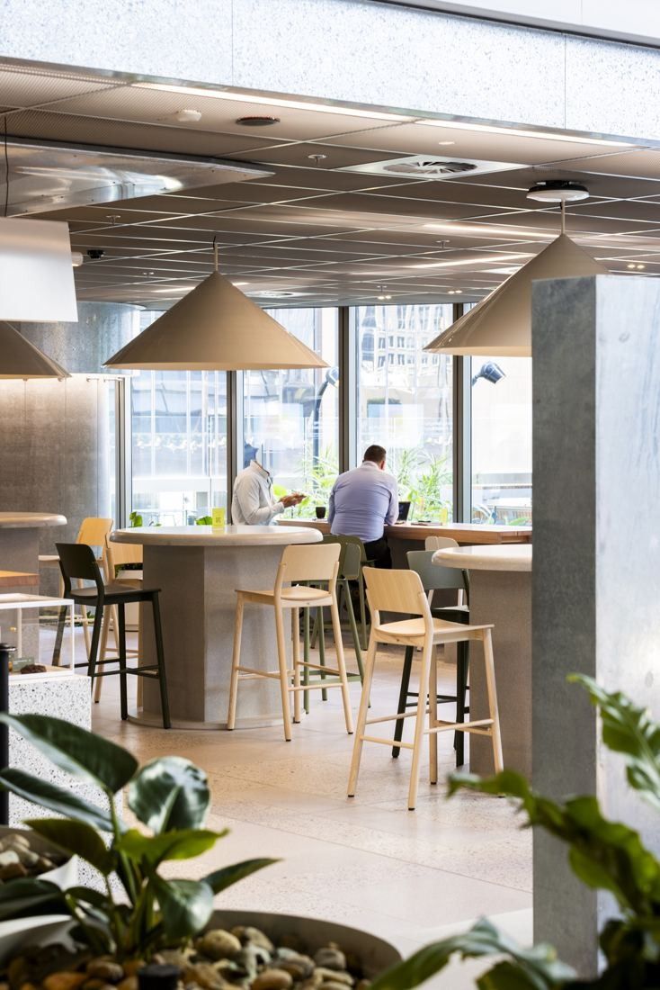 Macquarie Group: High tables and stools under conical pendant lamps by the windows