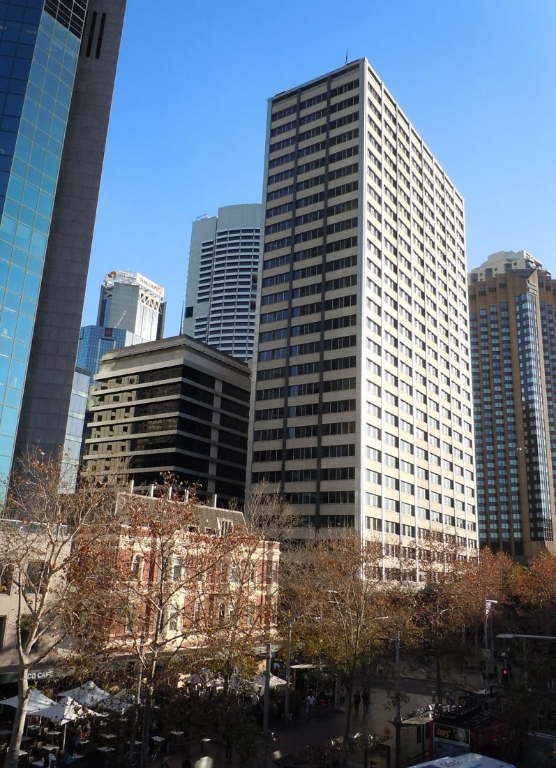 Tall slab office block with neighbouring towers at Circular Quay