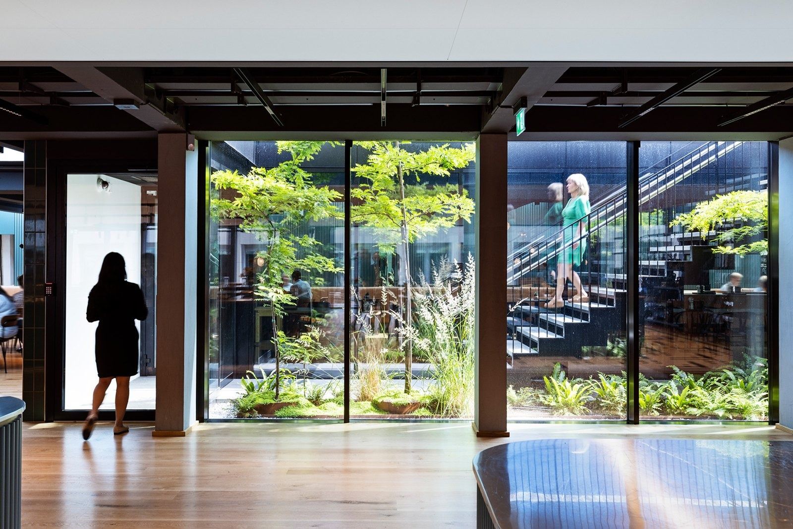 A.P. Moller - Maersk: Glass wall onto a planted courtyard with young trees and a black stair, seen from a wood-floored room