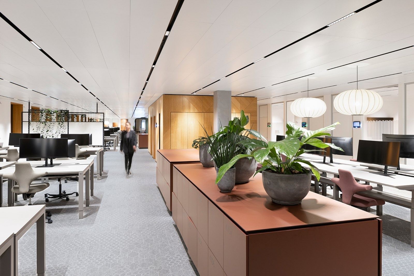 A.P. Moller - Maersk: Open office with rows of desks and monitors, a terracotta storage unit with potted plants and paper pendant lamps