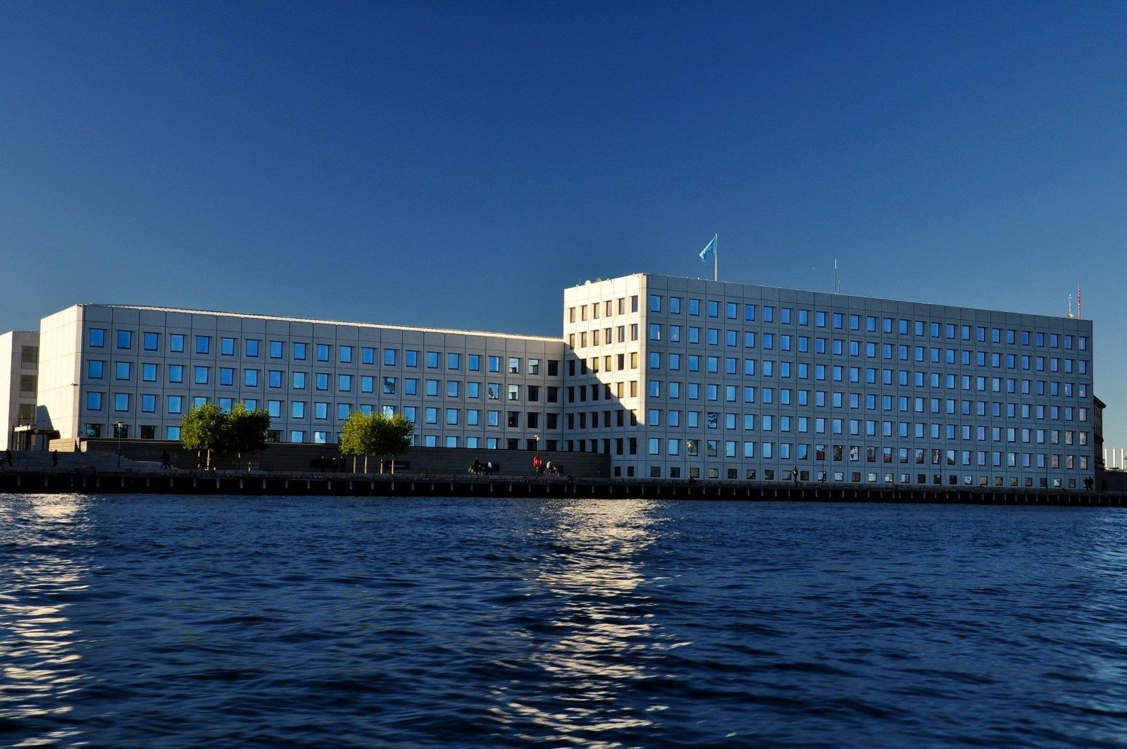 A.P. Moller - Maersk: Two pale office blocks with square windows across dark blue harbour water
