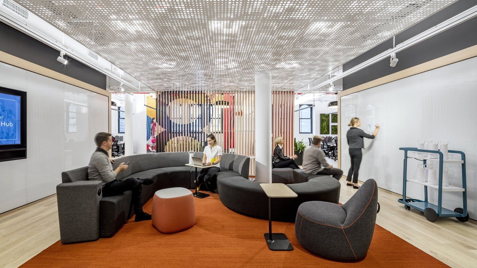 Mastercard: A collaboration area with curved sofas